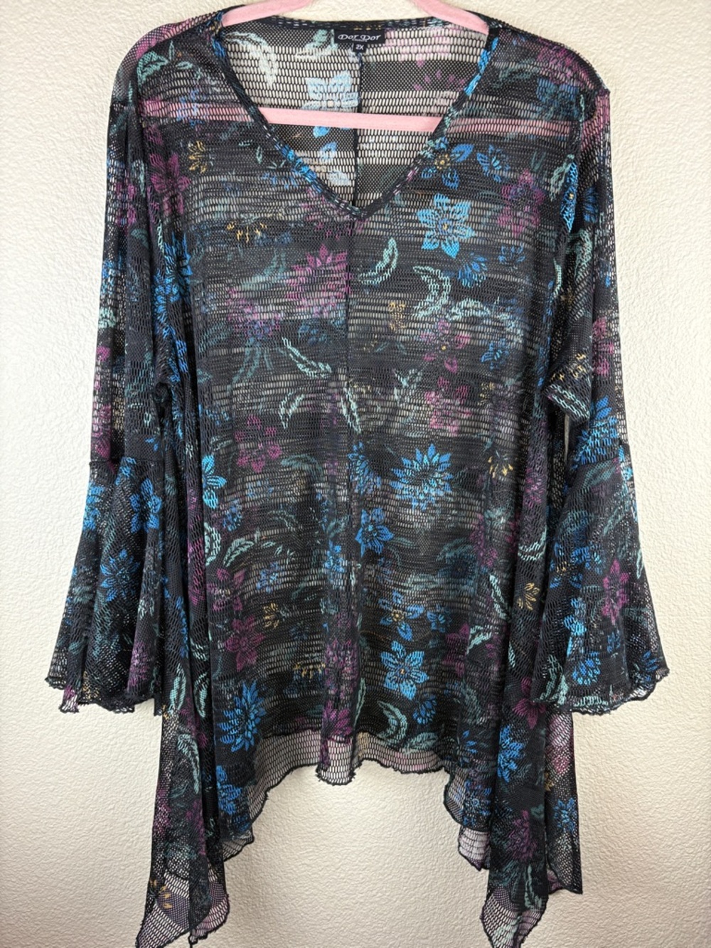 Dor Dor Couture Mesh Black Floral Sharkbite Tunic Bell Sleeve Cover-up Size 2X